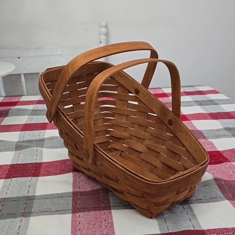 Vintage 1993 Signed Longaberger Angled Fruit Wine Basket Double Swing Handles